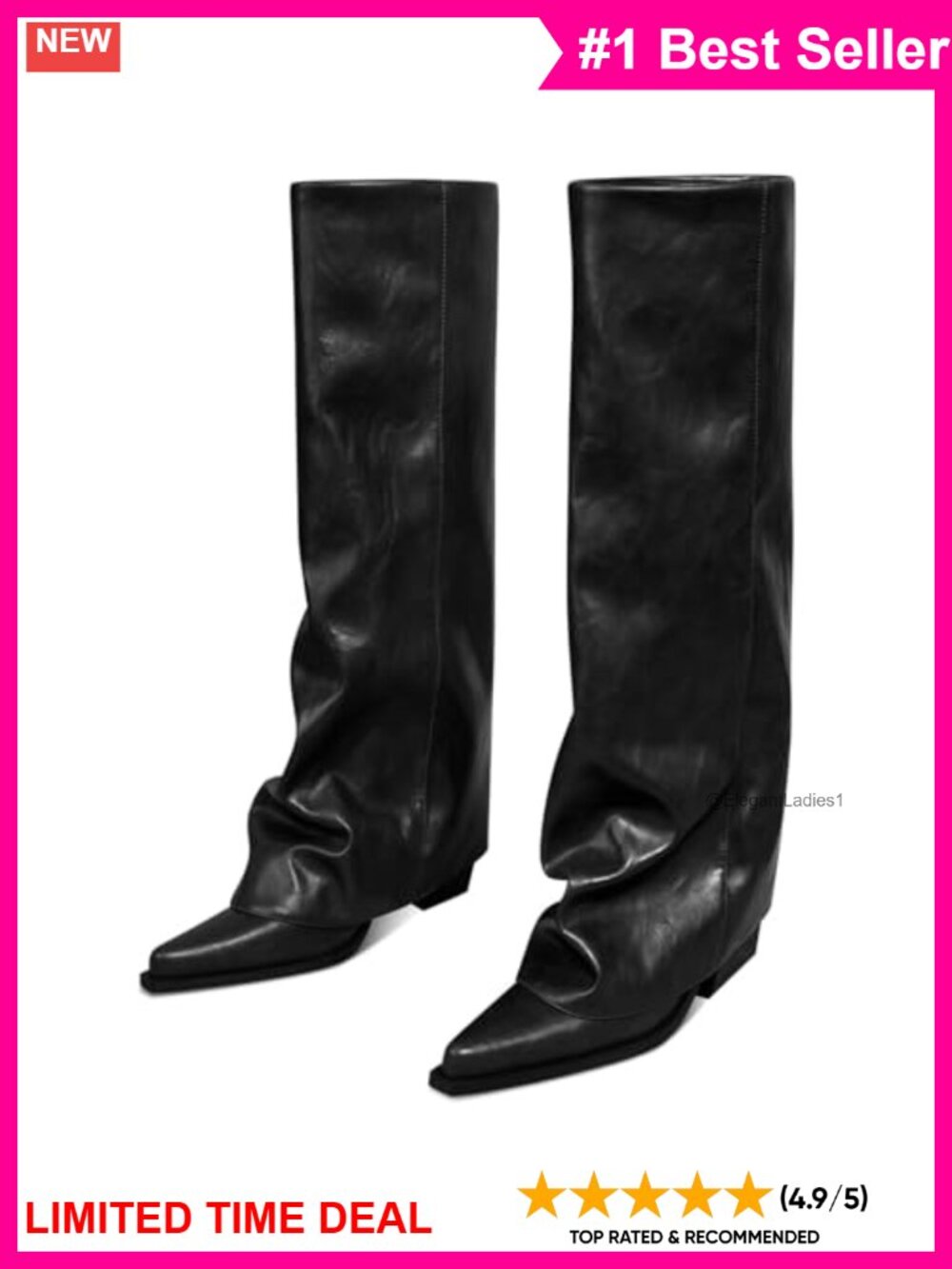 Fold Over Knee High Boots Wide Calf Chunky Heel Faux Leather